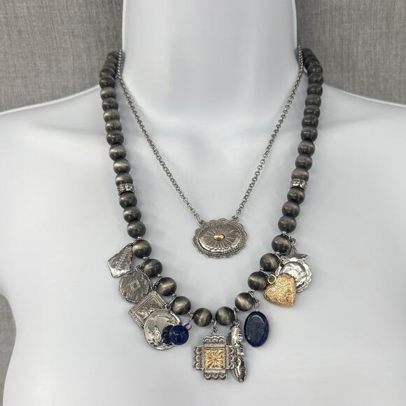 Chico’s Double Layer Beaded Charm Necklace 24" – Boho Mixed Metals Southwestern - Picture 1 of 6